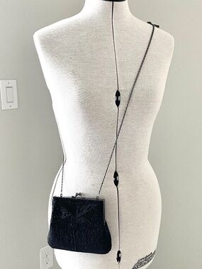 VTG Jessica McClintock Black Beaded Purse Bag Crossbody Silver-tone Kiss-Lock